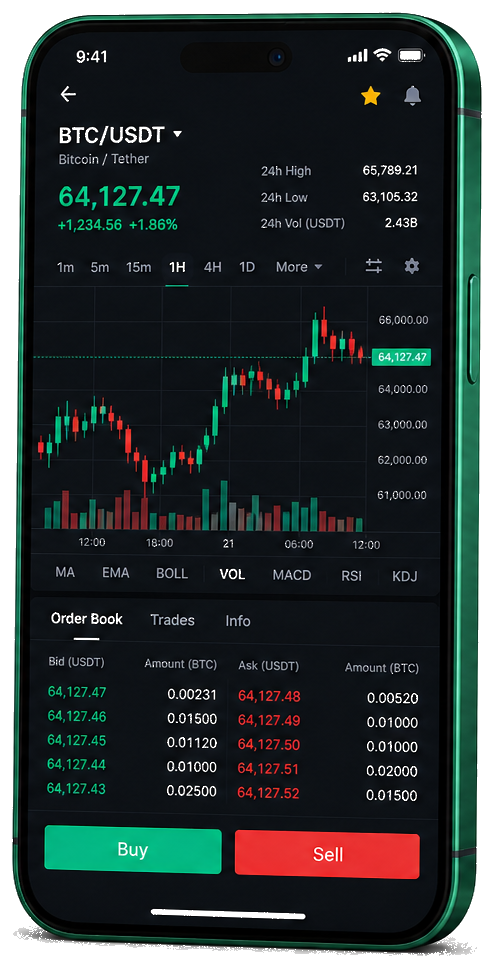 VarnexAI mobile trading platform — live BTC/USDT chart, order book and buy/sell interface